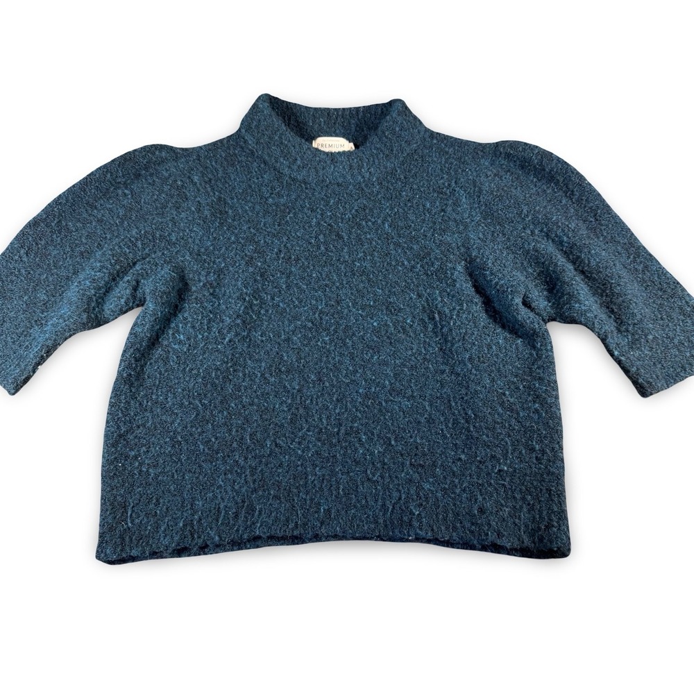 Molly Bracken Premium Blue Medium Knit Wool Mock Neck Puff Short Sleeve Sweater